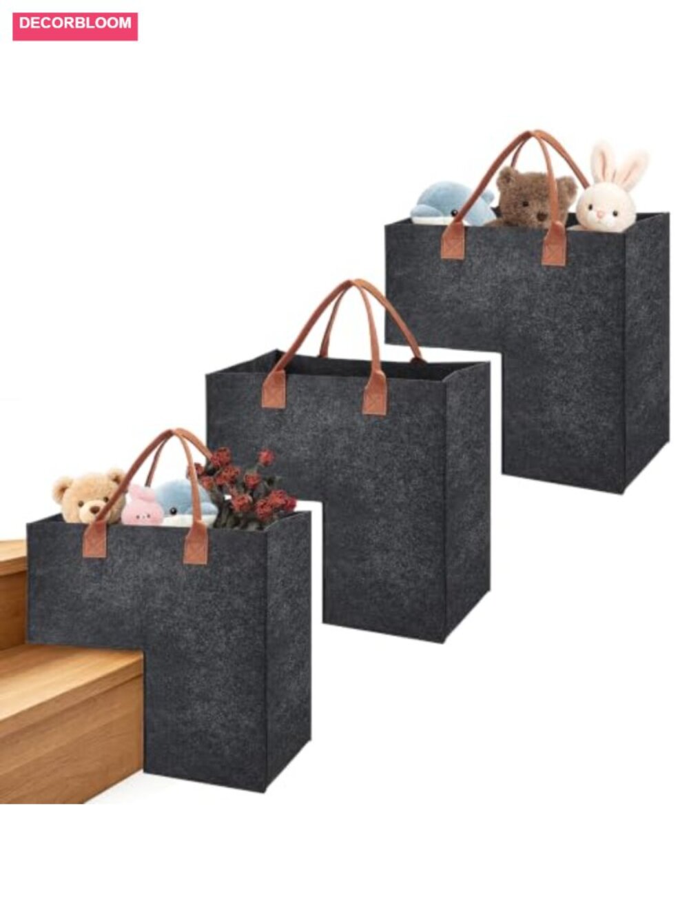 Set of 3 Foldable L-Shape Stair Baskets Storage Organizer with Felt Handles